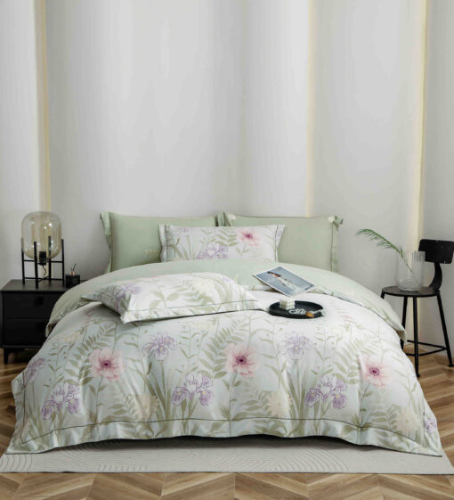 Lenjerie De Lux, Bumbac Finet, 6 Piese,Elastic,Floricele, Verde, JOJO Home