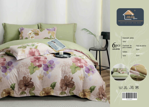 Lenjerie De Lux, Bumbac Finet, 6 Piese,Elastic,Flori, Verde, JOJO Home, - imagine 2