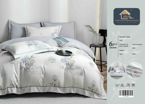 Lenjerie De Lux, Bumbac Finet, 6 Piese,Elastic,Trandafiri, Alb/Gri, JOJO Home - imagine 4