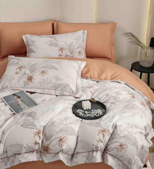 Lenjerie De Lux, Bumbac Finet, 6 Piese,Elastic,Flori, Portocaliu/Alb,JOJO Home - imagine 3